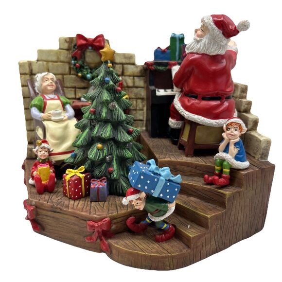 Rare Vintage Santa Playing Piano With Ms. Claus And Elves Christmas Presents